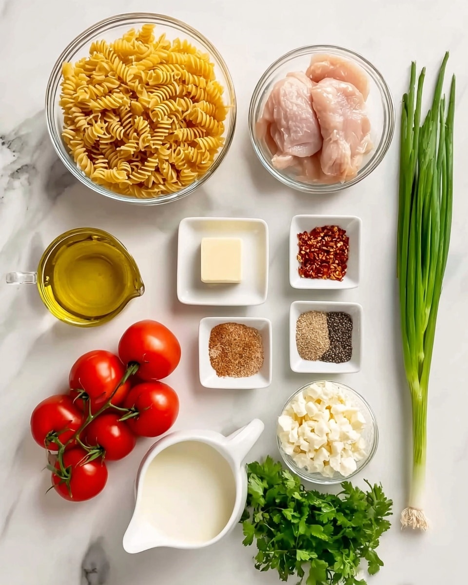The image shows cooking ingredients neatly placed on a white marbled surface. From the top left, there is a clear glass bowl full of dry twisty pasta in a yellow color. Below it is a small white square dish with a small block of butter. Next to the pasta is another clear glass bowl with two raw light pink chicken pieces inside. Below it is a small white square dish with red chili flakes, to its right a white square dish with brown spice powder, and next to that is another white square dish with black pepper powder. To the right of the chicken bowl, several fresh green spring onions stand vertically next to three fresh red tomatoes with green stems. Below the tomato group is a small white pitcher filled with clear golden oil. Next to the butter dish is a small glass pitcher filled with white cream, beside it and lower are chopped white cheese pieces in a clear glass bowl. At the bottom of the image lies a bunch of fresh green parsley with broad leaves, arranged horizontally. photo taken with an iphone --ar 4:5 --v 7