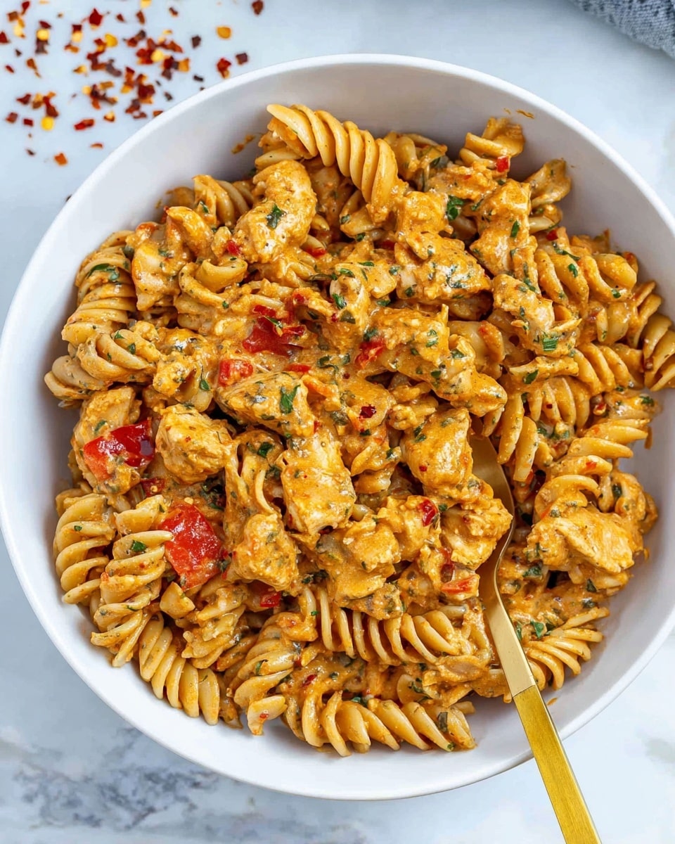 A white bowl filled with spiral pasta mixed with chunks of cooked chicken and small pieces of red bell pepper. The pasta and chicken are coated in a creamy, orange-colored sauce with green herb flecks throughout. A gold fork is placed inside the bowl, resting on the pasta near the top right edge. This bowl is on a white marbled surface with scattered red chili flakes around it. Photo taken with an iphone --ar 4:5 --v 7