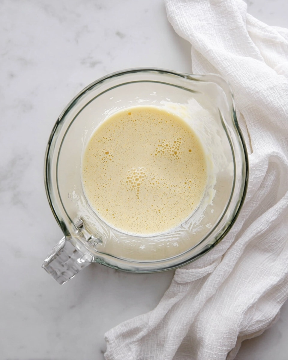 A clear glass mixing bowl shows a single layer of light yellow foamy liquid batter with small bubbles on the surface, sitting in the center of the bowl. The bowl has a handle on the side and is placed on a white marbled surface. To the right of the bowl, there is a loosely folded white cloth that flows gently alongside the bowl. The scene is bright and clean, focusing on the simple texture of the batter. photo taken with an iphone --ar 4:5 --v 7