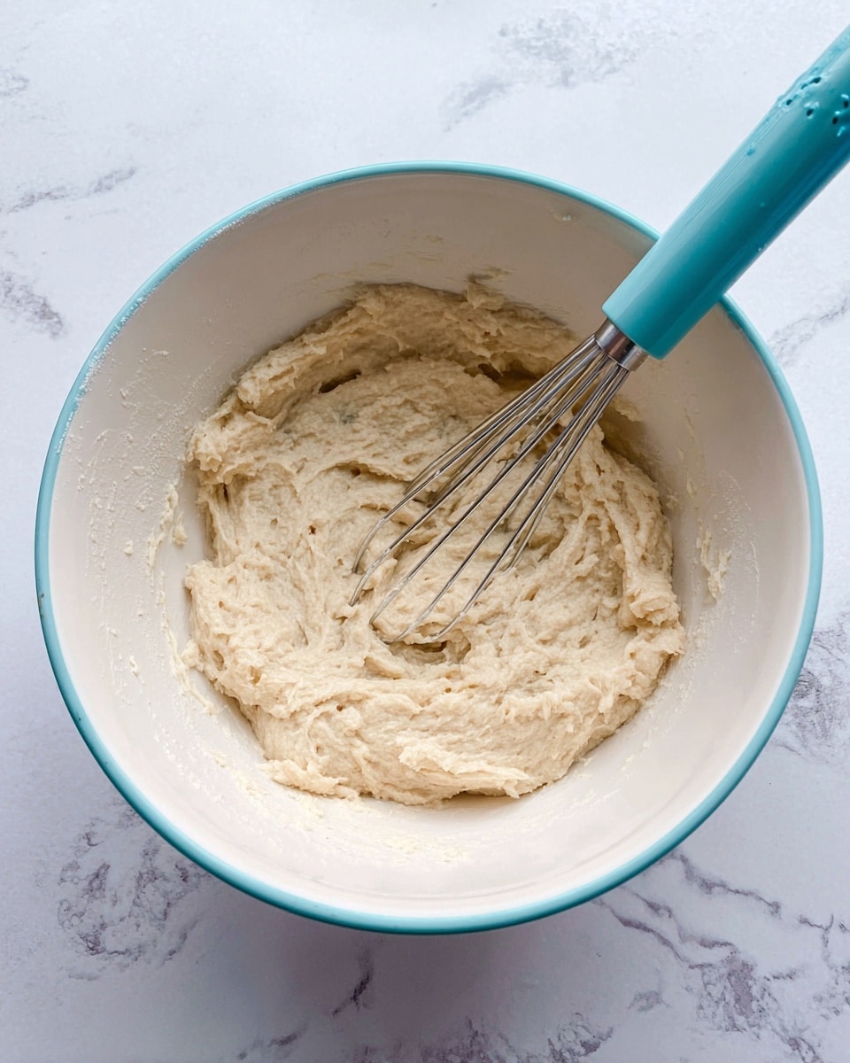 A white bowl with a light blue rim is filled with thick, creamy dough that has a slightly uneven, textured surface. The dough's color is pale beige with soft lumps and small bubbles, showing it is being mixed. A whisk with a turquoise handle and metal wires is partially submerged in the dough, positioned on the right side inside the bowl. The bowl sits on a white marbled surface with subtle grey veins, adding a clean and bright look to the scene. photo taken with an iphone --ar 4:5 --v 7