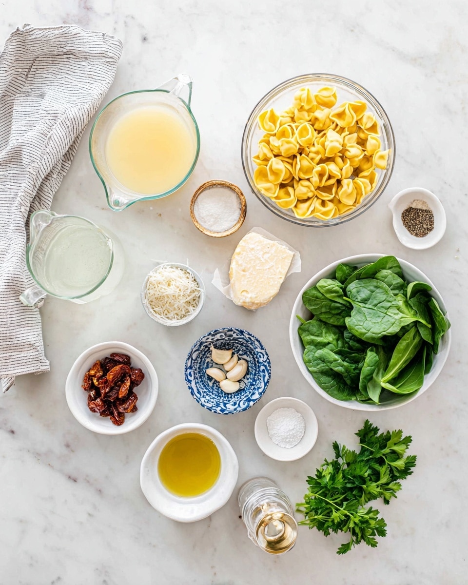 A flat lay on a white marbled surface showing several ingredients arranged with space between them: in the middle right, a clear glass bowl holds yellow tortellini pasta, below it a white bowl filled with bright green spinach leaves, at the top right a white bowl with grated pale yellow cheese, and next to it a small white bowl with golden olive oil. At the top left, a clear glass measuring cup contains light yellow broth, and beside it a white bowl with off-white cream. Near the center is a small blue and white patterned bowl with small dark brown sun-dried tomatoes. Around these are small white dishes holding three garlic cloves, dried green herbs, and white flour. A small glass bowl with ground black pepper and a small white jar with a gold spoon inside are at the bottom left. A bunch of fresh green parsley is placed toward the top right. A gray and white striped cloth napkin lies on the left side. Photo taken with an iphone --ar 4:5 --v 7