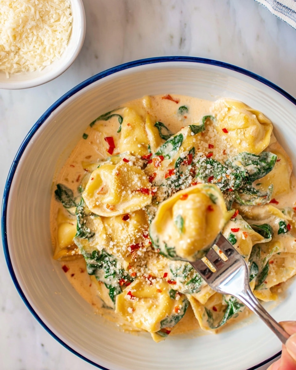 The image shows a close-up of a white bowl with a blue rim filled with creamy tortellini pasta. The pasta layers are yellow with visible folds, covered in a thick, smooth light beige cream sauce speckled with small red chili flakes. There are green leafy spinach pieces mixed throughout the pasta. The dish is topped with grated cheese sprinkled over the sauce, adding a grainy texture. A metal fork is partially inserted in the bowl, holding a piece of tortellini with spinach and sauce. The bowl is placed on a white marbled surface next to a small white bowl filled with more grated cheese. A woman's hand is not visible but implied since the fork is in use. photo taken with an iphone --ar 4:5 --v 7