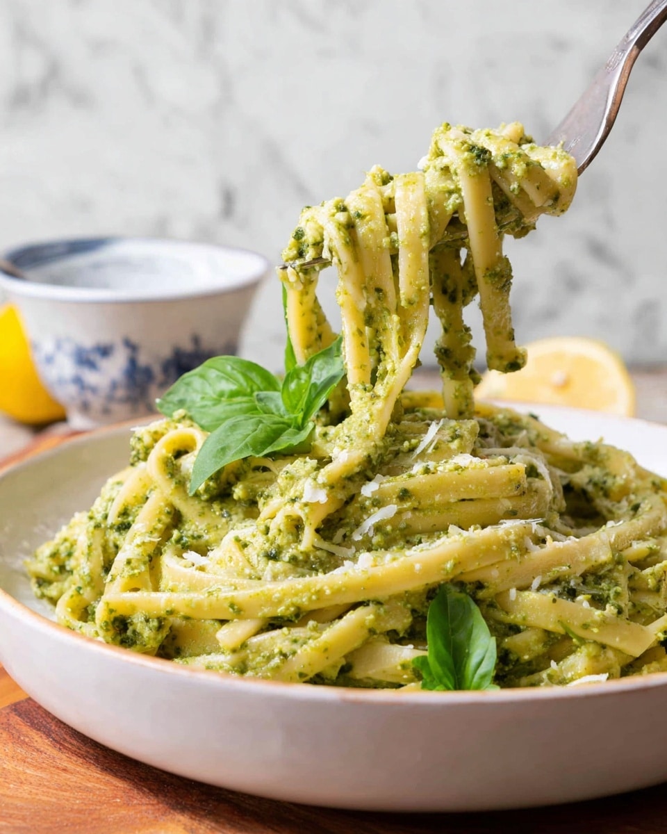 A white bowl holds creamy green pesto pasta with thick noodles covered in a chunky sauce. Bright green basil leaves sit on top, adding a fresh look. A fork lifts a twist of pasta above the bowl, showing the thick sauce clinging to the noodles. The bowl sits on a wooden surface, with a white marbled texture background. There is a small white bowl with a blue pattern and a lemon wedge blurred in the background. Photo taken with an iphone --ar 4:5 --v 7