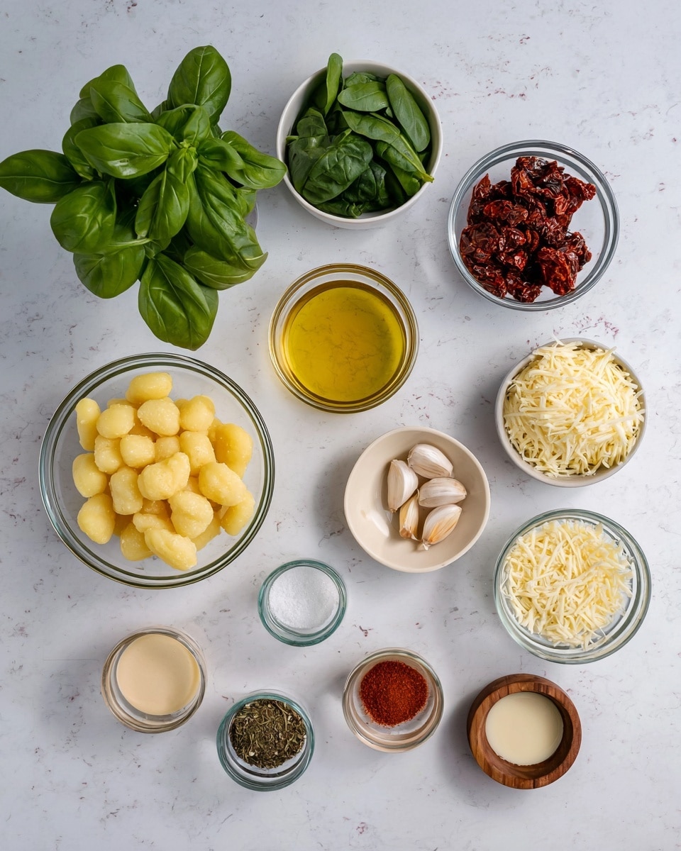 The image shows eleven small bowls and dishes arranged on a white marbled surface, each with different ingredients. Starting from the bottom left, a clear glass bowl holds a layer of pale yellow gnocchi that look soft and smooth. Above this, a small glass bowl contains green spinach leaves with a fresh, leafy texture. To the right, a white bowl is filled with a layer of pale ivory cheese shavings with a slightly curly texture. Above the spinach, a clear small bowl contains dark red sun-dried tomato pieces that look chewy and rough. Beside this, a small glass bowl holds golden olive oil shining smoothly. At the top center is a bunch of bright green basil leaves with a shiny surface. Around these, smaller dishes include a beige bowl with two garlic cloves, a beige bowl with dried herbs, and wooden bowls with white salt and red chili flakes. Lastly, there are small glass bowls with light cream and light brown liquid, and a tiny glass bowl with cracked black pepper visible. Photo taken with an iphone --ar 4:5 --v 7