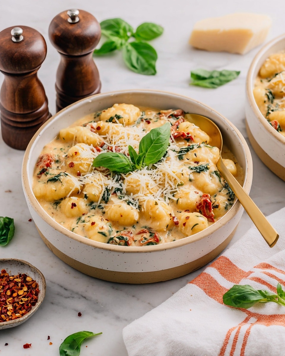 A white bowl with a beige bottom is filled with creamy gnocchi covered in a thick, light yellow sauce with red sun-dried tomato pieces and dark green spinach leaves mixed throughout. The dish is topped with a small pile of shredded white cheese and two fresh green basil leaves in the center. A gold spoon rests inside the bowl on the right side. The bowl sits on a white marbled surface, surrounded by a folded white towel with orange stripes, dark wooden salt and pepper shakers, a small dish of crushed red pepper flakes, and scattered green basil leaves. Photo taken with an iphone --ar 4:5 --v 7