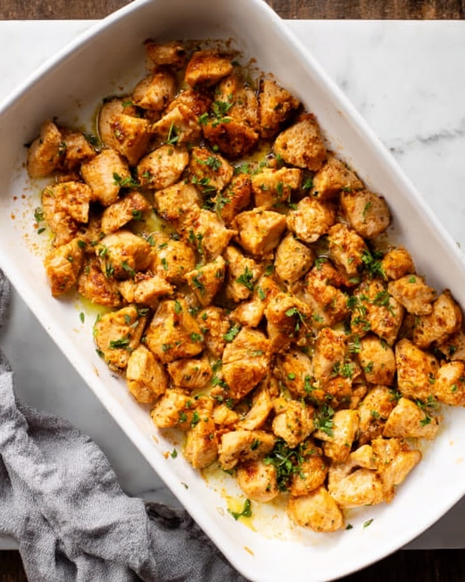 The image shows a white rectangular baking dish filled with small pieces of cooked golden brown chicken spread evenly across the dish. The chicken pieces have a slightly crispy texture and are garnished with small green herbs scattered over the top. The dish rests on a white marbled surface, and a gray cloth is partly visible in the lower left corner. photo taken with an iphone --ar 4:5 --v 7