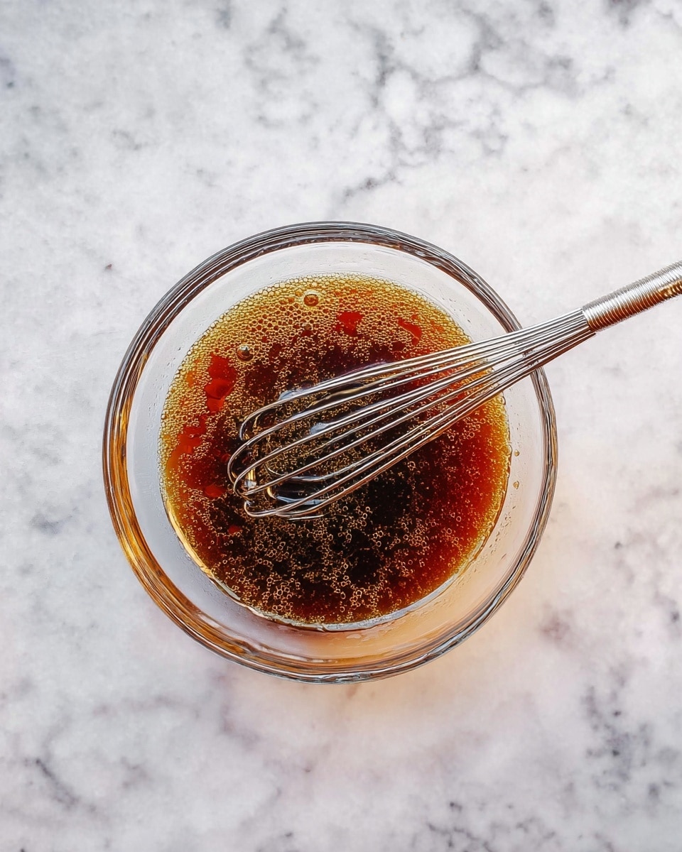 A clear glass bowl filled with a dark amber liquid that has small bubbles on its surface, with a thin metal whisk resting inside the bowl, positioned slightly diagonally, all placed on a white marbled texture surface photo taken with an iphone --ar 4:5 --v 7