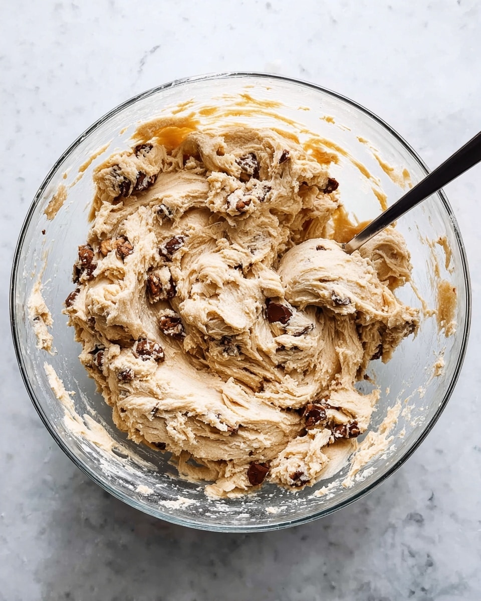 A large clear glass bowl contains thick, light beige dough mixed with uneven pieces of dark brown and golden chunks. The dough has a creamy texture with rough swirls, and the chunks are spread throughout, showing a mix of soft and crunchy bits. A black spoon is partially immersed in the dough on the right side. The bowl sits on a white marbled surface. photo taken with an iphone --ar 4:5 --v 7
