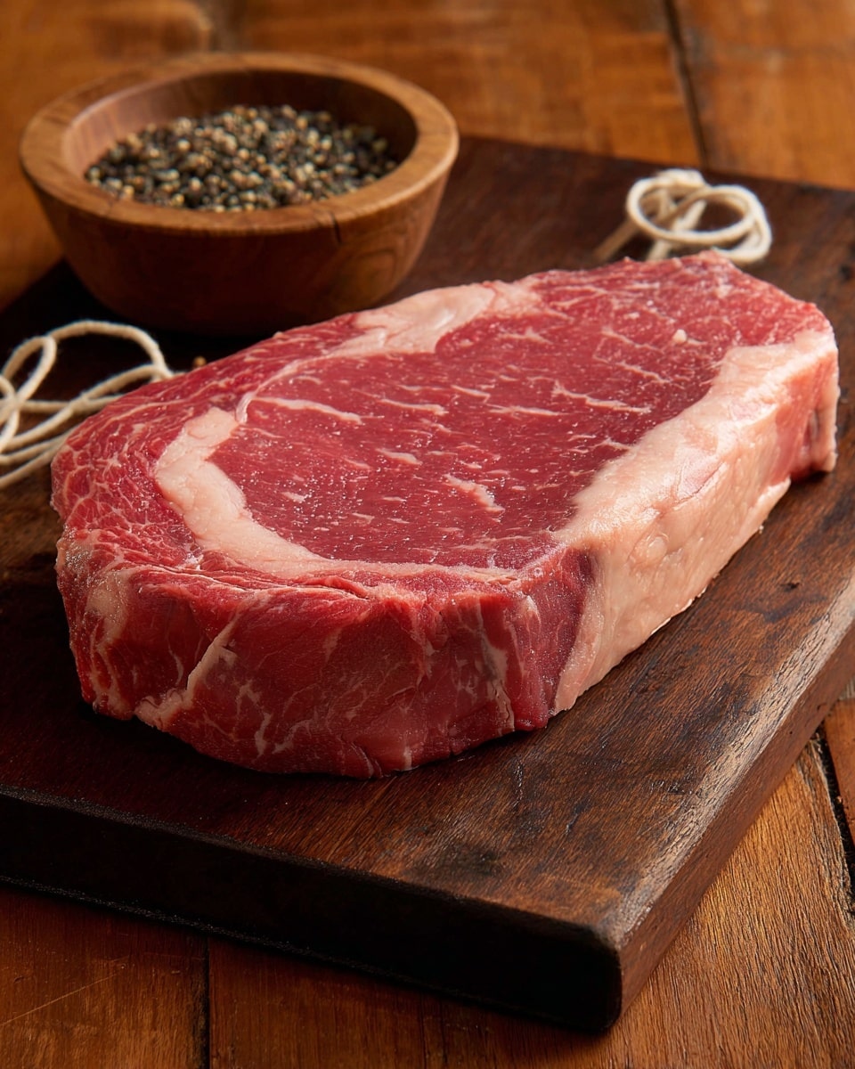A thick raw steak with light pink fat around the edges and marbled red meat in the center sits on a dark wooden cutting board. The steak is rich red with white fat veins running through it, creating a textured pattern on the surface. Behind the board, there is a small round wooden bowl filled with coarse black pepper and a loose piece of white string. The cutting board is placed on a wooden surface with a warm brown tone, while the background is softly blurred. photo taken with an iphone --ar 4:5 --v 7