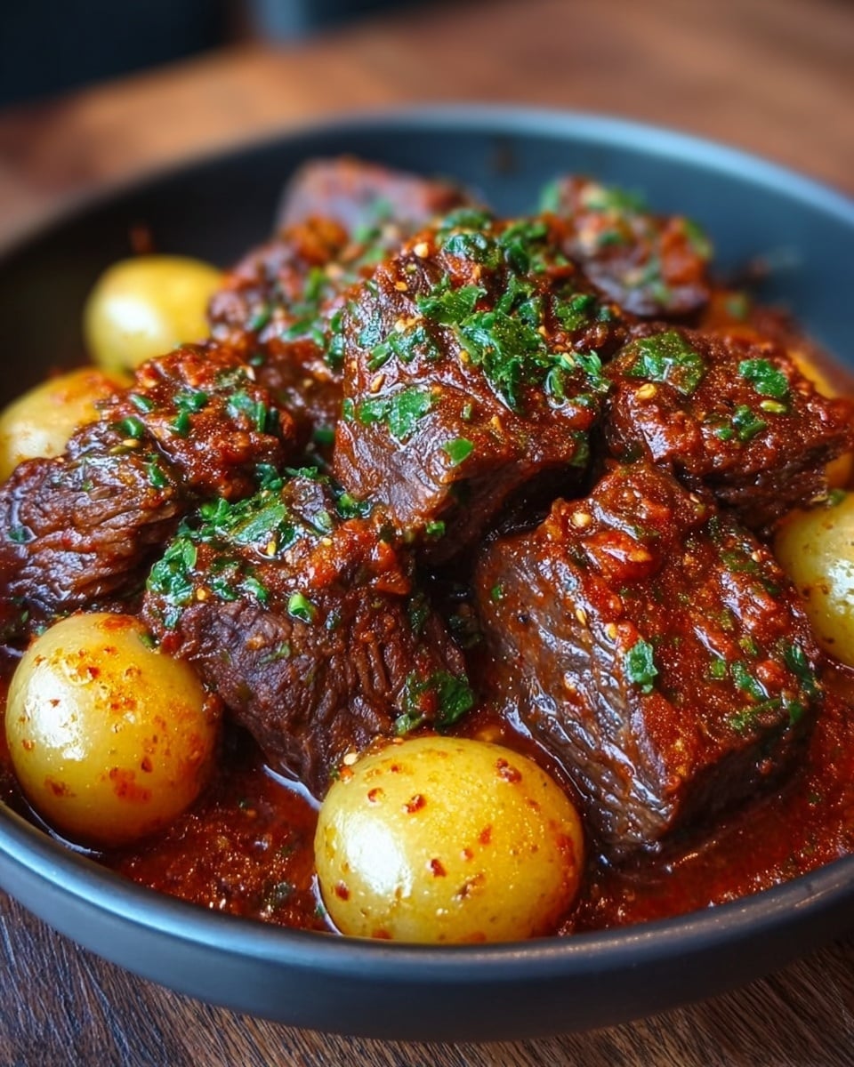 A dark bowl filled with large pieces of dark brown meat covered in thick reddish sauce with visible spices, topped with small chopped green herbs. Around the meat, there are shiny, light yellow small round potatoes also covered in sauce and herbs. The bowl sits on a wooden surface. photo taken with an iphone --ar 4:5 --v 7