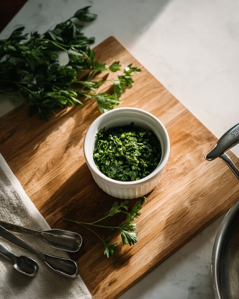 A small white ceramic bowl filled with finely chopped green herbs sits on a light brown wooden board. Next to the bowl lies a sprig of fresh green parsley with a few leaves attached. On the left side of the board, two metal measuring spoons lay on a folded beige cloth napkin. On the right edge of the board, part of a silver pan with a handle is visible, resting against the white marbled surface beneath the board. The scene is softly lit with natural light coming from the left, casting gentle shadows. Photo taken with an iphone --ar 4:5 --v 7