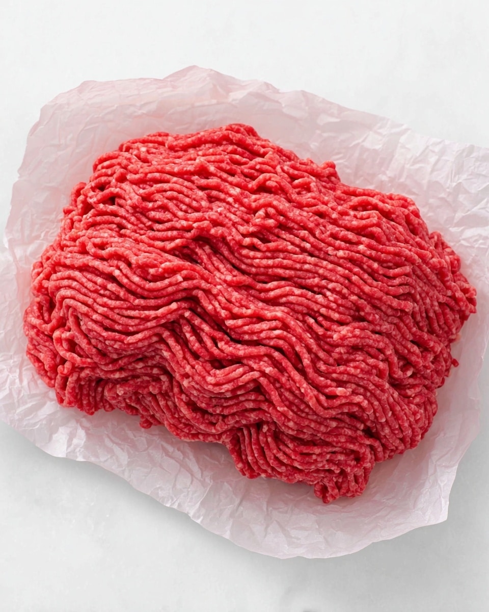 A large pile of raw ground meat with a bright red color is arranged in long, thick ropes close together on a single layer of white wax paper. The texture looks fresh and finely minced, with small strands visible across the surface. The meat is on a white marbled surface, creating a clean and simple look. photo taken with an iphone --ar 4:5 --v 7