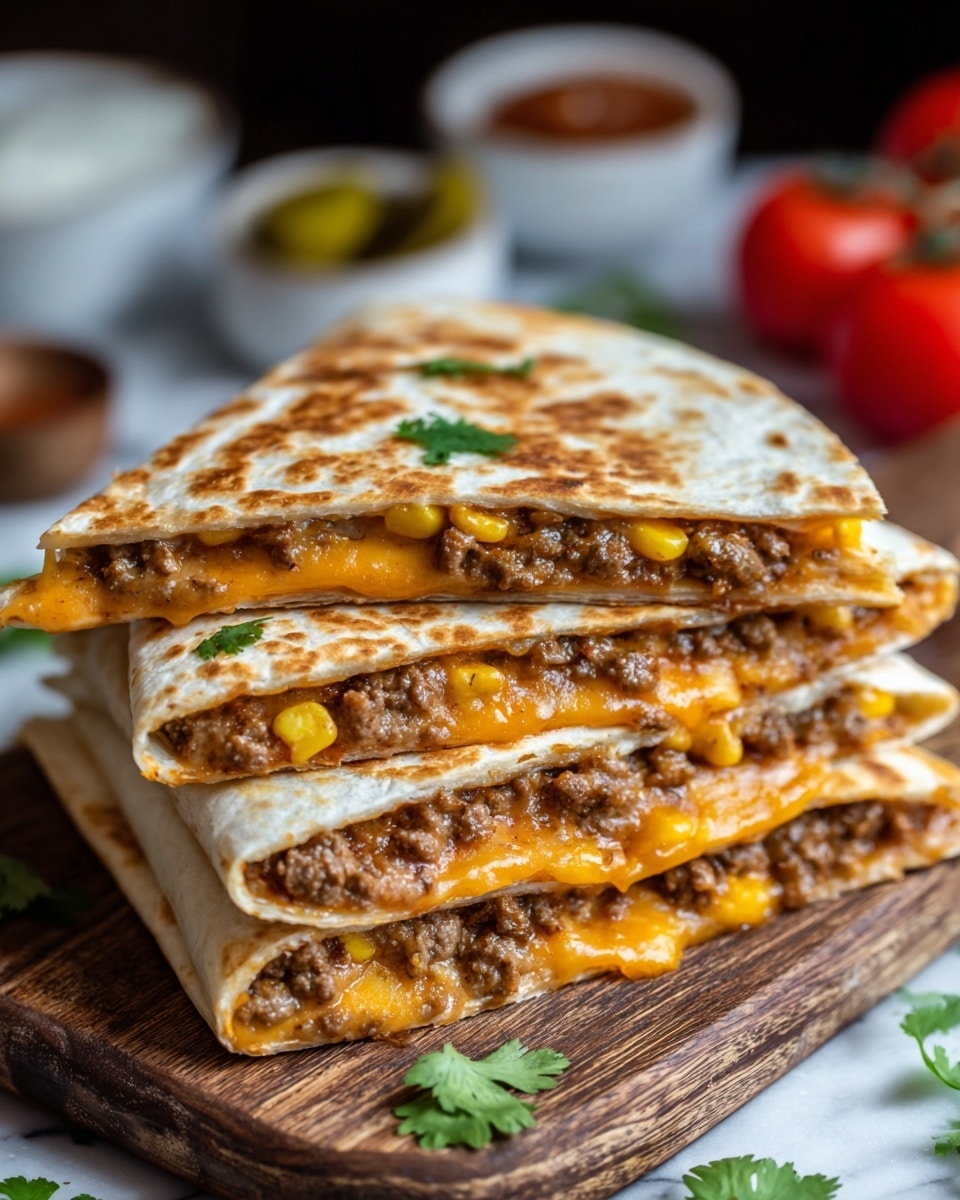 The image shows a stack of four quesadilla slices on a wooden board placed over a white marbled surface. Each slice has a golden-brown toasted tortilla with visible grill marks and is filled with melted orange cheese and cooked ground beef mixed with corn kernels. Small green cilantro leaves are scattered on top and around the quesadillas. In the background, there are some blurred red cherry tomatoes and small white bowls with sauces or pickles, all set on the white marbled surface. photo taken with an iphone --ar 4:5 --v 7