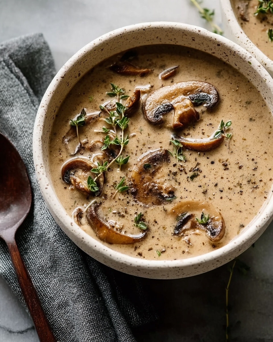 A close-up view of a creamy mushroom soup served in a white speckled bowl. The soup is light brown with smooth, thick texture, filled with several slices of cooked brown mushrooms scattered unevenly on the surface. Fresh green thyme leaves are sprinkled on top, along with a few cracks of black pepper, adding contrast to the creamy base. The bowl rests on a gray cloth napkin, placed on a white marbled surface. A dark wooden spoon lies beside the bowl. Photo taken with an iphone --ar 4:5 --v 7
