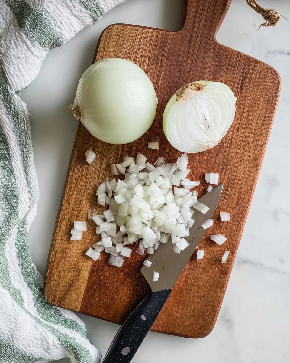 A wooden cutting board on a white marbled surface shows one half of a white onion fully peeled and another half being chopped into small pieces with a silver knife that has a black handle, some diced onion pieces are scattered around the board. A green and white striped cloth is partly visible on the left side of the image. photo taken with an iphone --ar 4:5 --v 7