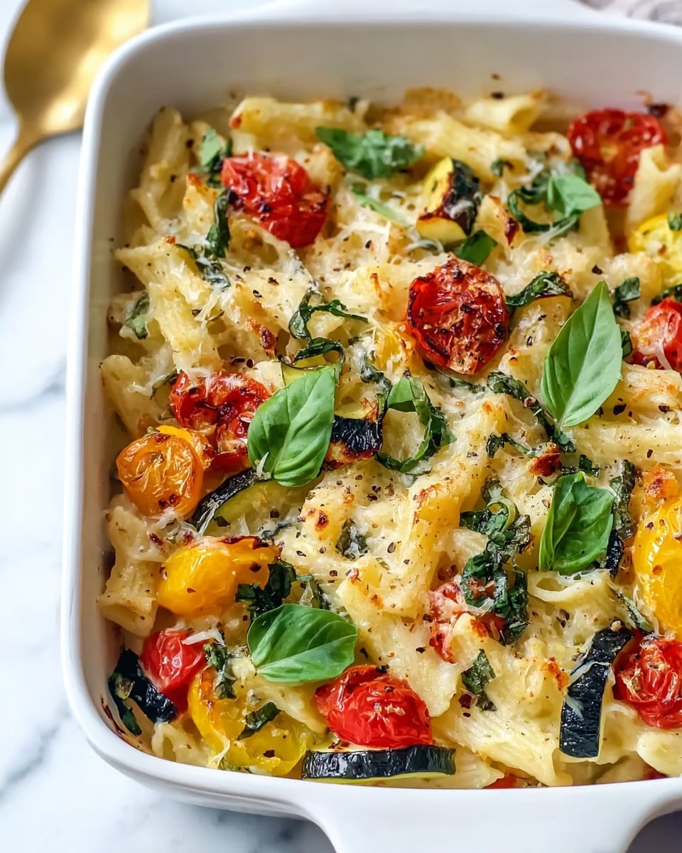 This image shows a white baking dish filled with a baked pasta dish made of three main layers. The bottom layer is creamy pasta in a light yellow color with a smooth texture. The middle layer has roasted vegetables with yellow, red, and dark green colors, which include cherry tomatoes, yellow bell peppers, and zucchini slices, scattered throughout. The top layer features fresh green basil leaves and a sprinkle of grated cheese, with some black pepper flakes and browned spots from baking on the pasta and vegetables. The dish is placed on a white marbled surface with a golden utensil slightly visible in the background. photo taken with an iphone --ar 4:5 --v 7