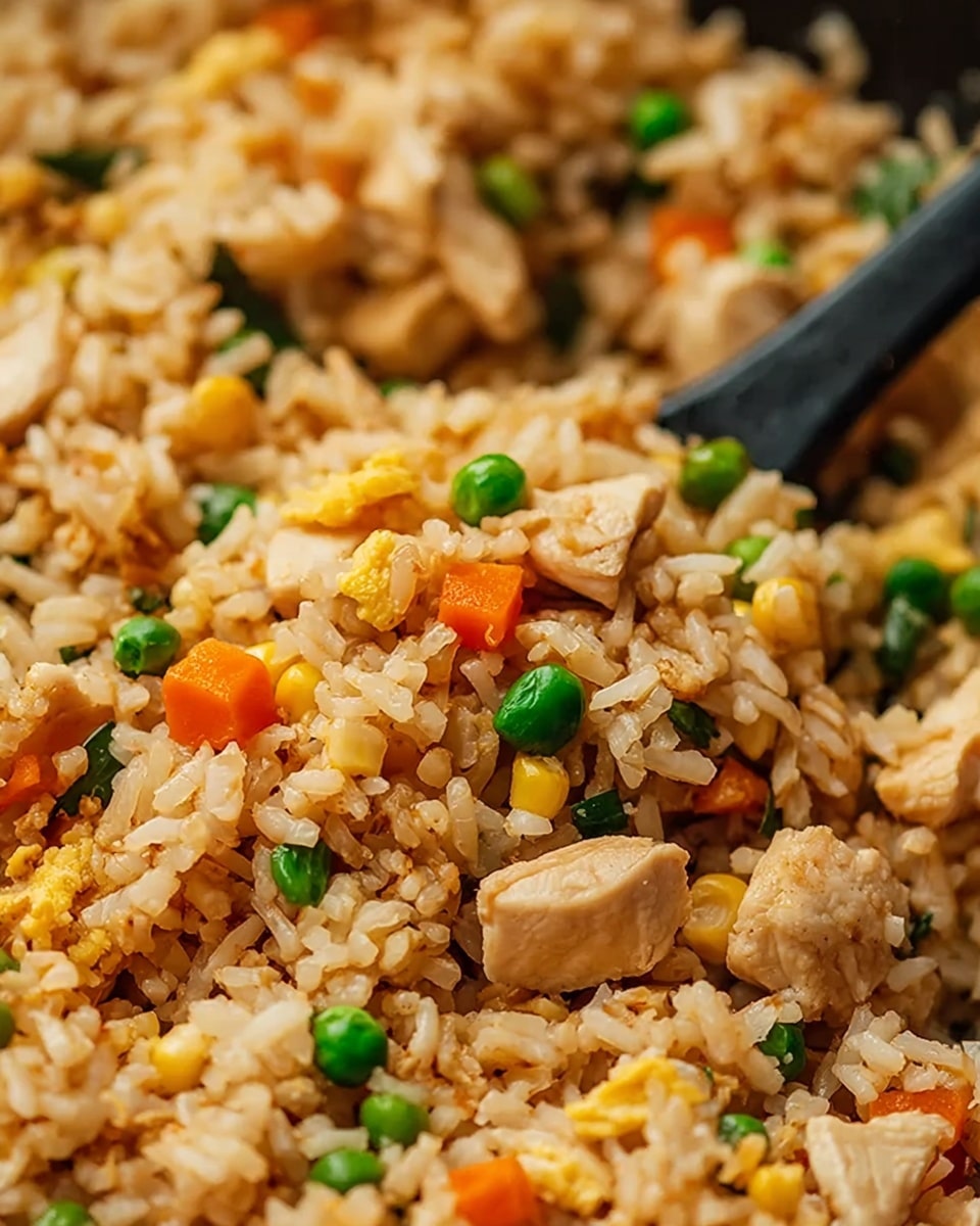A close-up view of cooked fried rice with visible layers of light brown rice mixed with small pieces of orange carrot, green peas, yellow corn, and light beige chicken pieces scattered throughout. The texture shows each rice grain separate and coated with a slight sheen. The dish fills the frame, and in the background, a black spoon is slightly blurred, resting among the rice. The surface below has a white marbled texture. Photo taken with an iphone --ar 4:5 --v 7