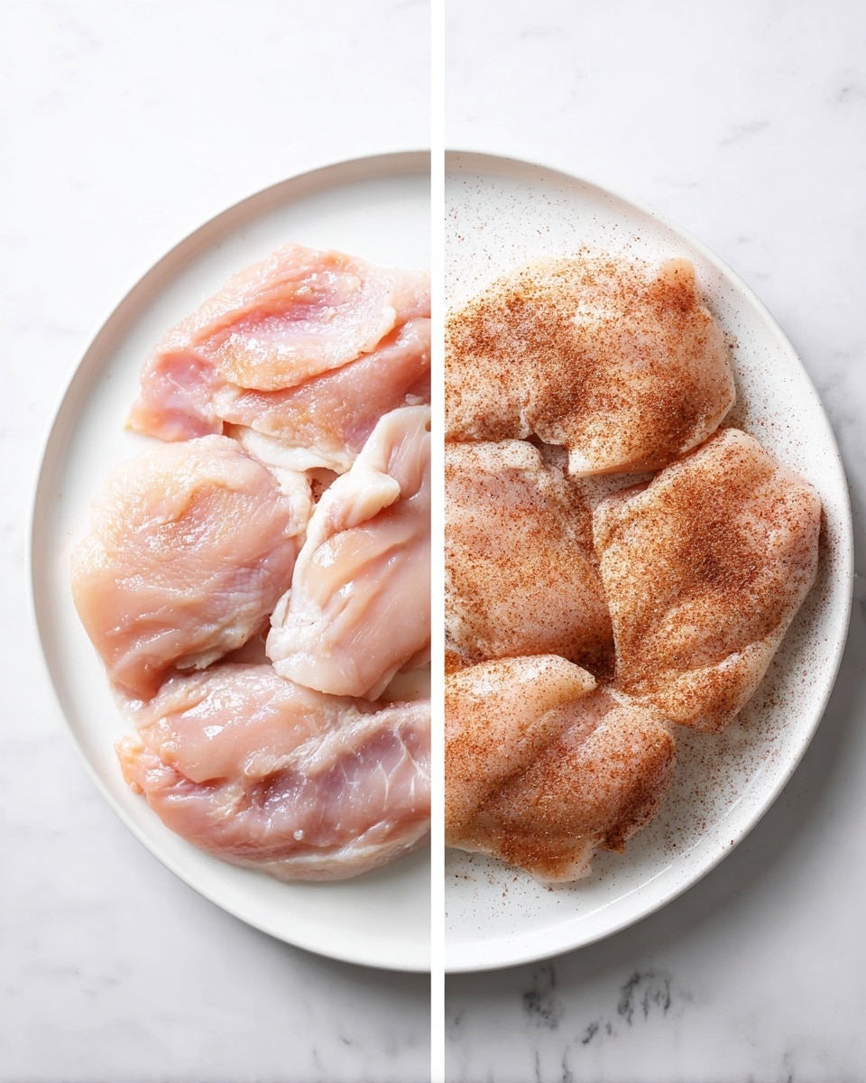 The image shows two views side by side of a white plate placed on a white marbled surface. On the left, the plate holds three raw pale pink chicken pieces arranged in a circular pattern, overlapping slightly. On the right, the same three chicken pieces are shown on the white plate, but now seasoned, with a reddish-brown spice powder evenly sprinkled over them, creating a contrast against the raw pale pink meat. The lighting is bright, highlighting the smooth, moist texture of the chicken and the fine grains of the seasoning. Photo taken with an iphone --ar 4:5 --v 7
