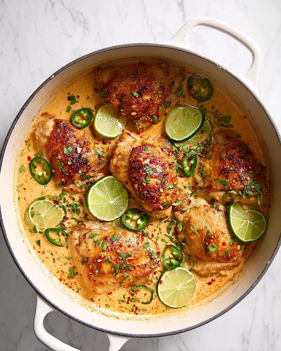 A white pot holds five golden brown cooked chicken pieces sitting in a creamy light orange sauce. There are slices of bright green lime and small green chili rounds scattered over the chicken, along with fresh chopped green herbs and red pepper flakes sprinkled on top. The pot has thick white handles, and it rests on a white marbled surface. The sauce looks smooth and slightly thick, surrounding the chicken evenly. photo taken with an iphone --ar 4:5 --v 7