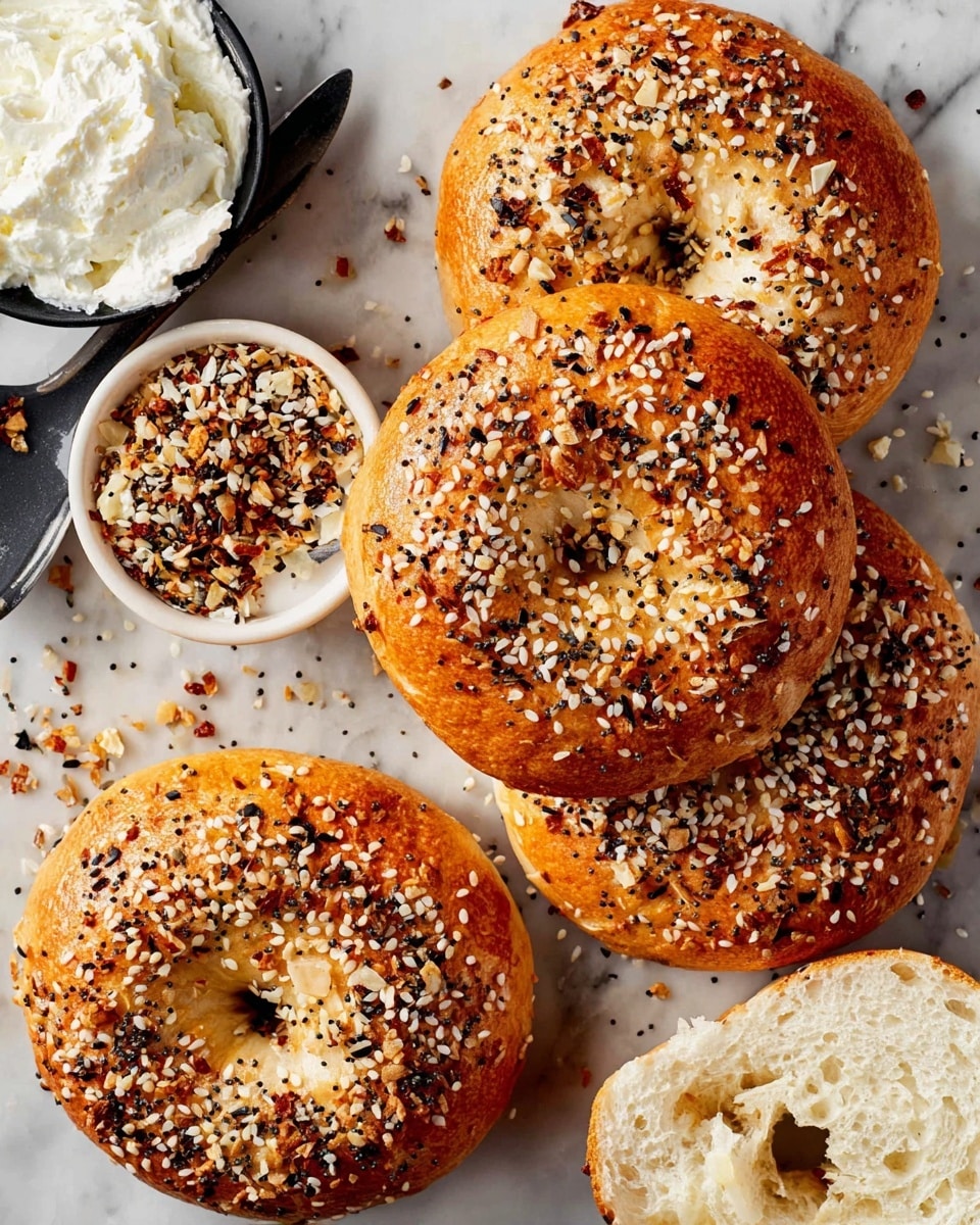 The image shows four golden brown bagels with a crispy texture, each topped with a mix of white and black sesame seeds, poppy seeds, and bits of dried onion and garlic flakes. The bagels are placed on a white marbled surface, with one bagel split open to show its soft and fluffy white inside crumb. Near the bagels, there is a small white bowl filled with a similar seed and seasoning mix. In the upper left corner, a black spoon holds a thick white spread, likely cream cheese. The scene focuses closely on the bagels, highlighting their crunchy topping and soft interior. photo taken with an iphone --ar 4:5 --v 7
