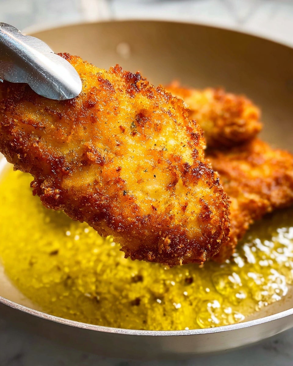 A close-up view of a golden brown, crispy fried chicken piece held by metal tongs, glistening with oil. The chicken shows a crunchy, textured surface with browned edges and small darker spots indicating perfect frying. The piece is above a white pan filled with bubbling yellow oil, with parts of another similar fried piece visible in the pan. The background features a white marbled surface. Photo taken with an iphone --ar 4:5 --v 7