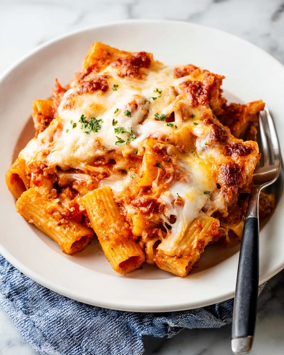 The dish is served on a white plate placed on a white marbled surface with a blue and white cloth nearby. The main layer consists of rigatoni pasta mixed with a reddish-orange tomato sauce, showing texture from the pasta's ridges. On top there are layers of melted white cheese, some parts golden brown where it is baked, stretching in stringy bits. Small green herbs are sprinkled over the cheese, adding contrast. The pasta layer looks thick and hearty with a rustic feel. A fork with a black handle rests on the edge of the plate. photo taken with an iphone --ar 4:5 --v 7