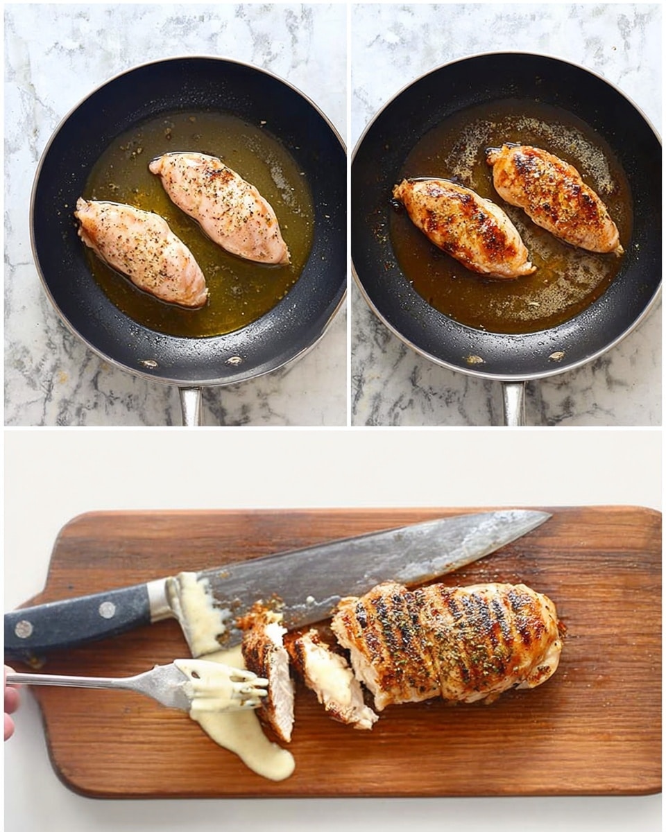 The image shows three photos side by side. The first photo has two pieces of raw chicken in a black frying pan with some oil, placed on a white marbled surface. The chicken pieces are light pink with some seasoning. The second photo shows the same pan with the chicken now cooked to a golden brown color with darker browned spots, sitting in the oil. The third photo shows the cooked chicken on a wooden cutting board with grill marks and a woman’s hand holding a fork near the chicken. Some creamy white sauce is drizzled on top and a large knife rests on the board next to the chicken. Photo taken with an iphone --ar 4:5 --v 7