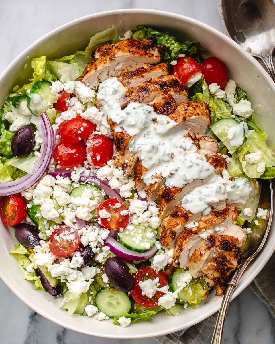 The dish shows two main layers starting with a bed of green leafy lettuce mixed with sliced cucumbers, halved red cherry tomatoes, thin red onion slices, and black olives spread evenly in a white bowl. On top of the salad, two rows of grilled chicken slices with a browned and seasoned surface are arranged in the center. A creamy white dressing is drizzled over the chicken, and crumbled white cheese is scattered generously across the entire dish, adding texture and color contrast. The white bowl sits on a white marbled surface, and there is a silver serving spoon partially visible on the right side. Photo taken with an iphone --ar 4:5 --v 7