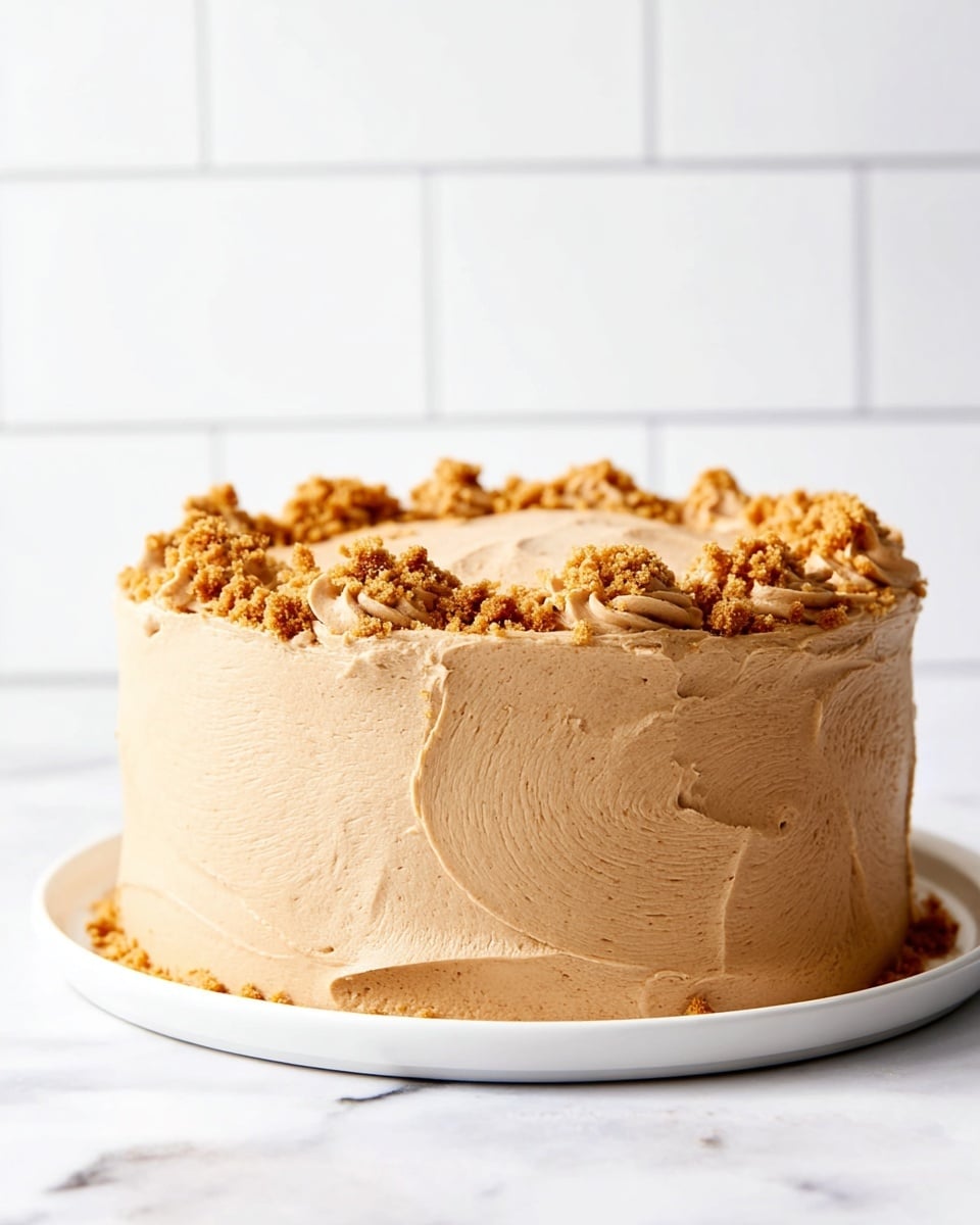 A round three-layer cake covered evenly with smooth light brown frosting that has soft, wavy textures made with a spatula. Small golden-brown crumble pieces are scattered on top in an irregular pattern. The cake sits on a white plate placed on a white marbled surface, with a bright white tiled wall in the background. photo taken with an iphone --ar 4:5 --v 7