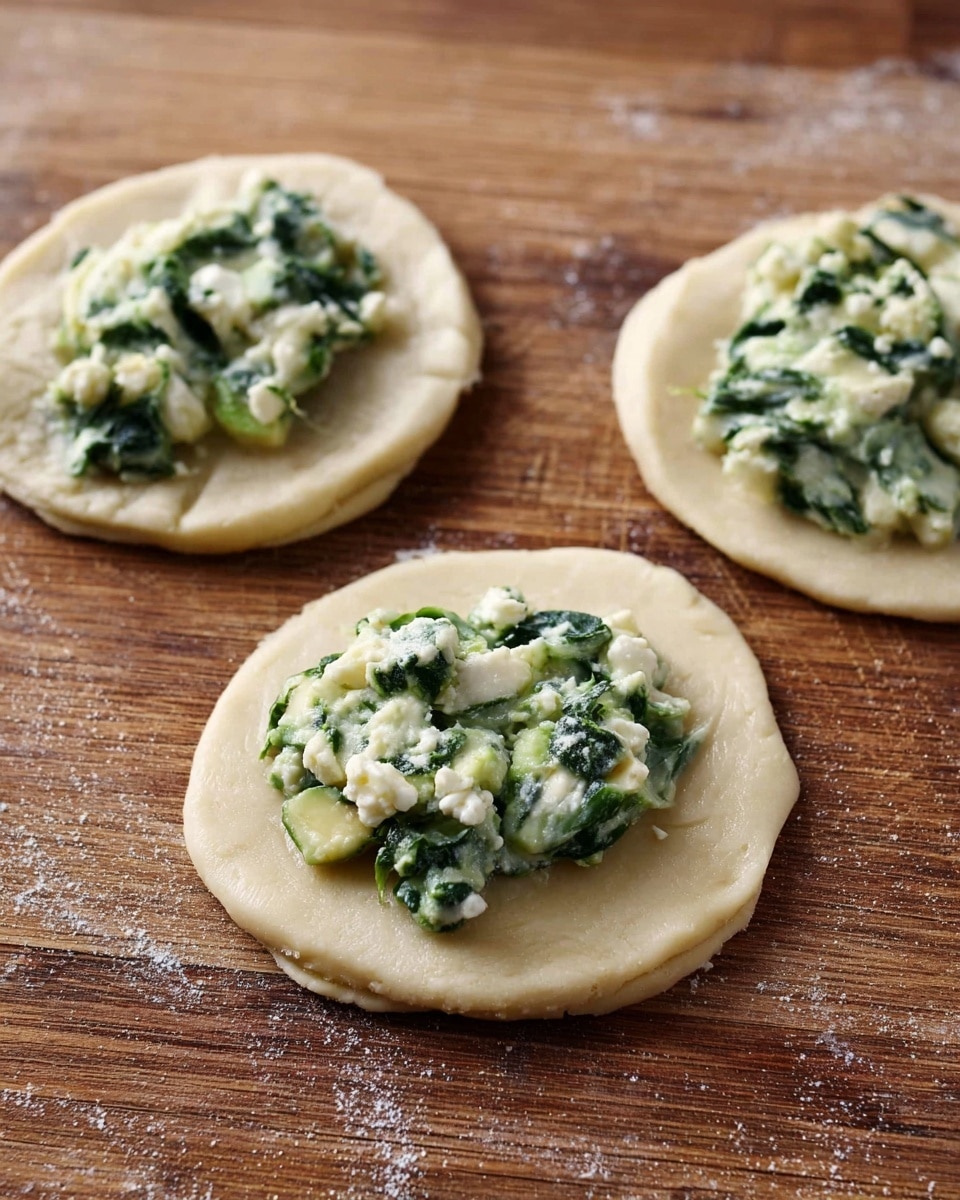 Three round, flat dough pieces lie on a wooden surface, each topped with a small mound of green and white filling made of spinach and cheese. The dough is pale beige with a smooth texture and is slightly thicker at the edges. The filling looks soft and moist with visible spinach leaves and creamy white cheese chunks mixed in. The three dough circles are spaced apart, showing clear details of the wooden surface beneath. photo taken with an iphone --ar 4:5 --v 7