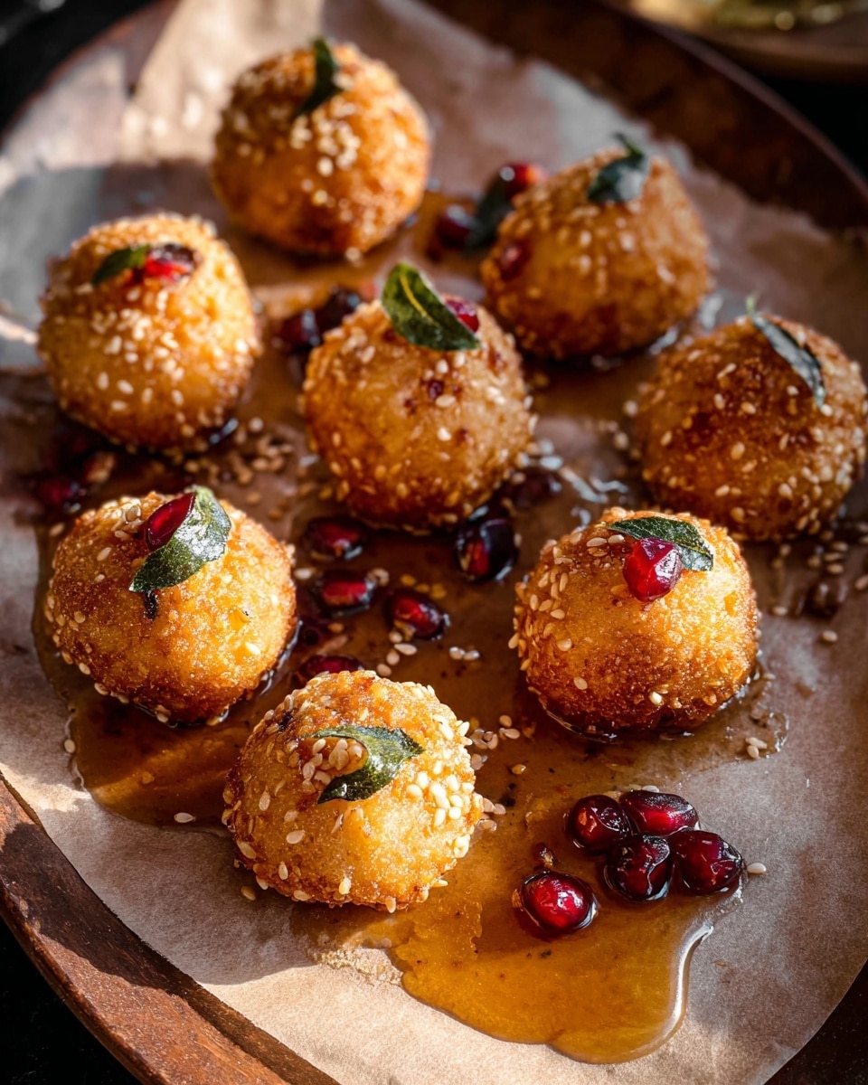 There are eight round golden balls with a crispy texture, covered in sesame seeds, placed on a parchment-lined brown plate. Some balls have small green fried leaves on top. The balls sit in a glossy, light brown sauce that is spread unevenly on the parchment. Scattered around are a few dark red pomegranate seeds and some extra fried green leaves. The image has a warm, natural lighting that highlights the crunch and gloss on the balls and sauce. photo taken with an iphone --ar 4:5 --v 7