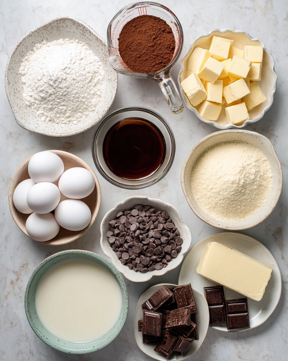 An overhead view of many baking ingredients arranged neatly on a white marbled surface. There are eleven containers holding different items: five white eggs in a white bowl at the bottom left, dark brown cocoa powder in a clear glass measuring cup above the eggs, white sugar in a speckled white bowl to the left, deep brown vanilla extract in a white scalloped bowl near the top left, white flour in a white bowl near the center, dark brown instant coffee powder in a smaller white bowl above the flour, light yellow butter cubes in a white bowl at the top right, a pale cream liquid in a clear glass measuring cup near the center bottom, dark chocolate chips in a clear glass measuring cup above the pale cream, dark brown chocolate chunks in a small round bowl at the bottom right, and a pale stick of butter on a small white plate near the middle right. All ingredients are clearly visible and well-lit. photo taken with an iphone --ar 4:5 --v 7