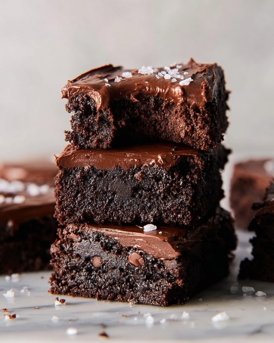 A stack of three thick chocolate brownies with a glossy, smooth layer of chocolate frosting on top of each piece, showing a rich dark brown crumb texture with visible chocolate chunks inside. The top brownie has a bite taken out, revealing a moist, dense inside with a rough texture. Small white salt flakes are sprinkled on the frosting and scattered on the white marbled surface around the brownies, adding contrast to the dark chocolate colors. The background is blurred with a soft light, making the brownies the clear focus. photo taken with an iphone --ar 4:5 --v 7