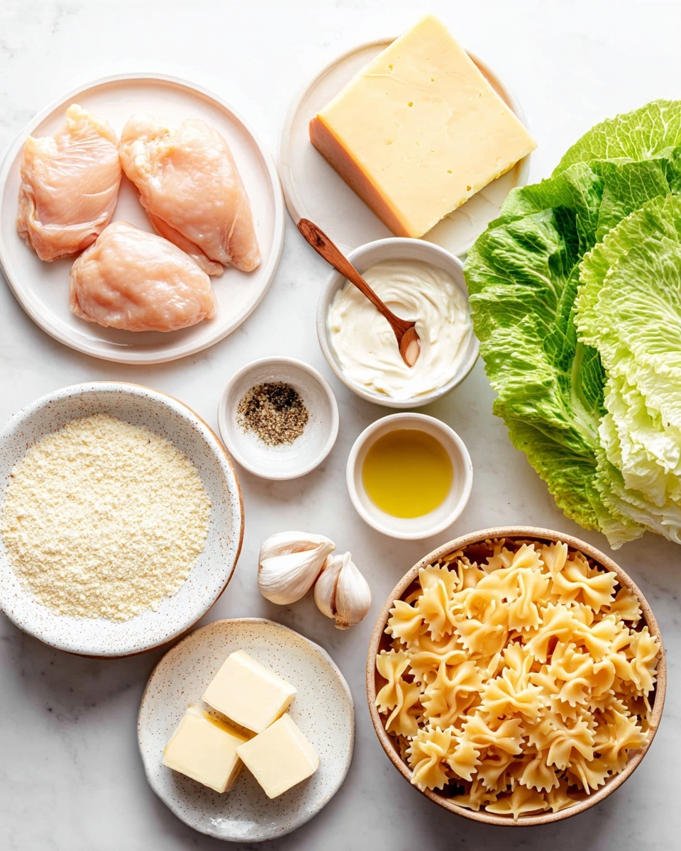 The image shows ingredients for a meal arranged on a white marbled surface. On the left, there is a white plate with two raw chicken pieces that are pale pink and smooth. Above it, a white plate holds a large block of light yellow cheese with a hard texture. Below the chicken, a white bowl contains fine, off-white breadcrumbs. Next to it, a small white bowl has smooth, creamy white sauce with a woman’s hand holding a small wooden spoon resting inside. In the center, a speckled white plate has two cloves of garlic, a small white spoon filled with ground black pepper, a small white bowl of golden olive oil, and a bunch of fresh green lettuce leaves on the right. On the bottom right, a white bowl is filled with dry, yellow farfalle pasta with a bow-like shape. In the middle, a small white bowl holds two thick cubes of pale yellow butter. The photo taken with an iphone --ar 4:5 --v 7