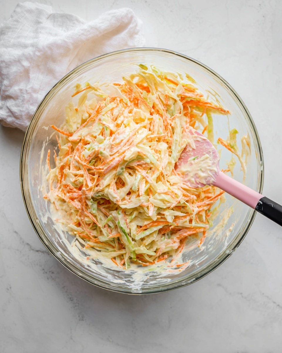 A clear glass bowl filled with a creamy salad made of thin strips of vegetables in three layers: bright orange carrot strips, white cabbage strips, and pale green celery strips, all mixed evenly with a thick, light-colored dressing creating a smooth texture. A pink spatula with a black handle is partially inside the bowl on the right side, covered slightly with the creamy dressing. The bowl sits on a white marbled surface with a white cloth tucked near its upper left side. Photo taken with an iphone --ar 4:5 --v 7