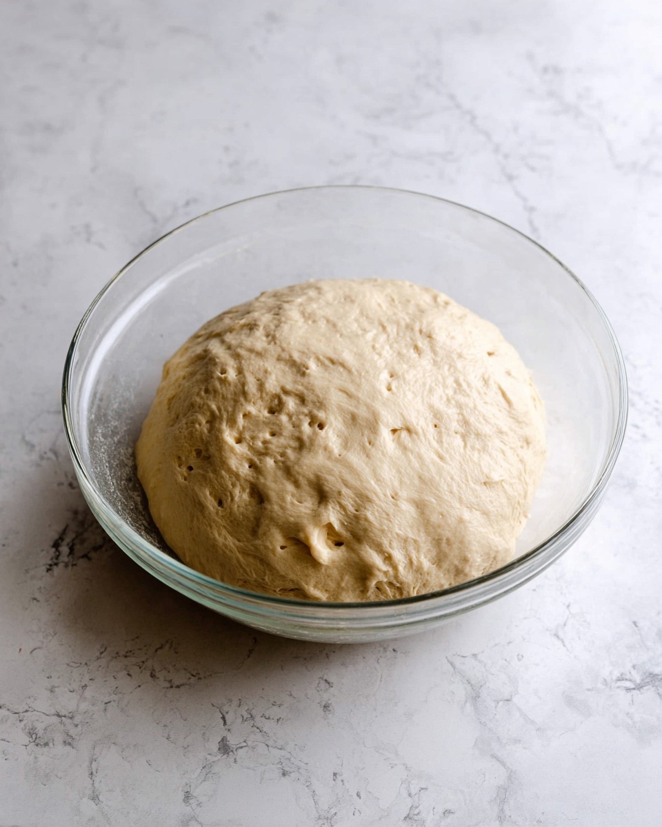 A clear glass bowl sits on a white marbled surface, holding one large, round ball of dough. The dough is light beige in color with a slightly rough texture and some small air bubbles on its surface, showing it has risen. The dough fills most of the bowl, creating a smooth dome shape with some natural unevenness. Photo taken with an iphone --ar 4:5 --v 7