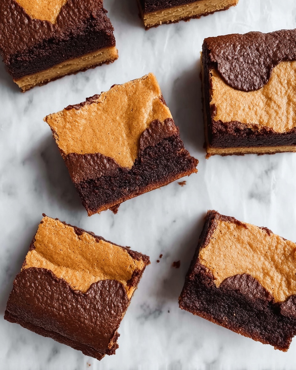 The image shows six square pieces of dessert arranged on a white marbled surface. Each piece has two layers: a bottom thick, dark brown, somewhat crumbly layer with a rich chocolate look, and a top thinner, light golden-brown layer with a smooth, slightly cracked texture. The top layer also has scalloped edges on some pieces, adding a decorative touch. The arrangement is clean, with slight spacing between the pieces, highlighting the contrast between the dark and light layers. photo taken with an iphone --ar 4:5 --v 7