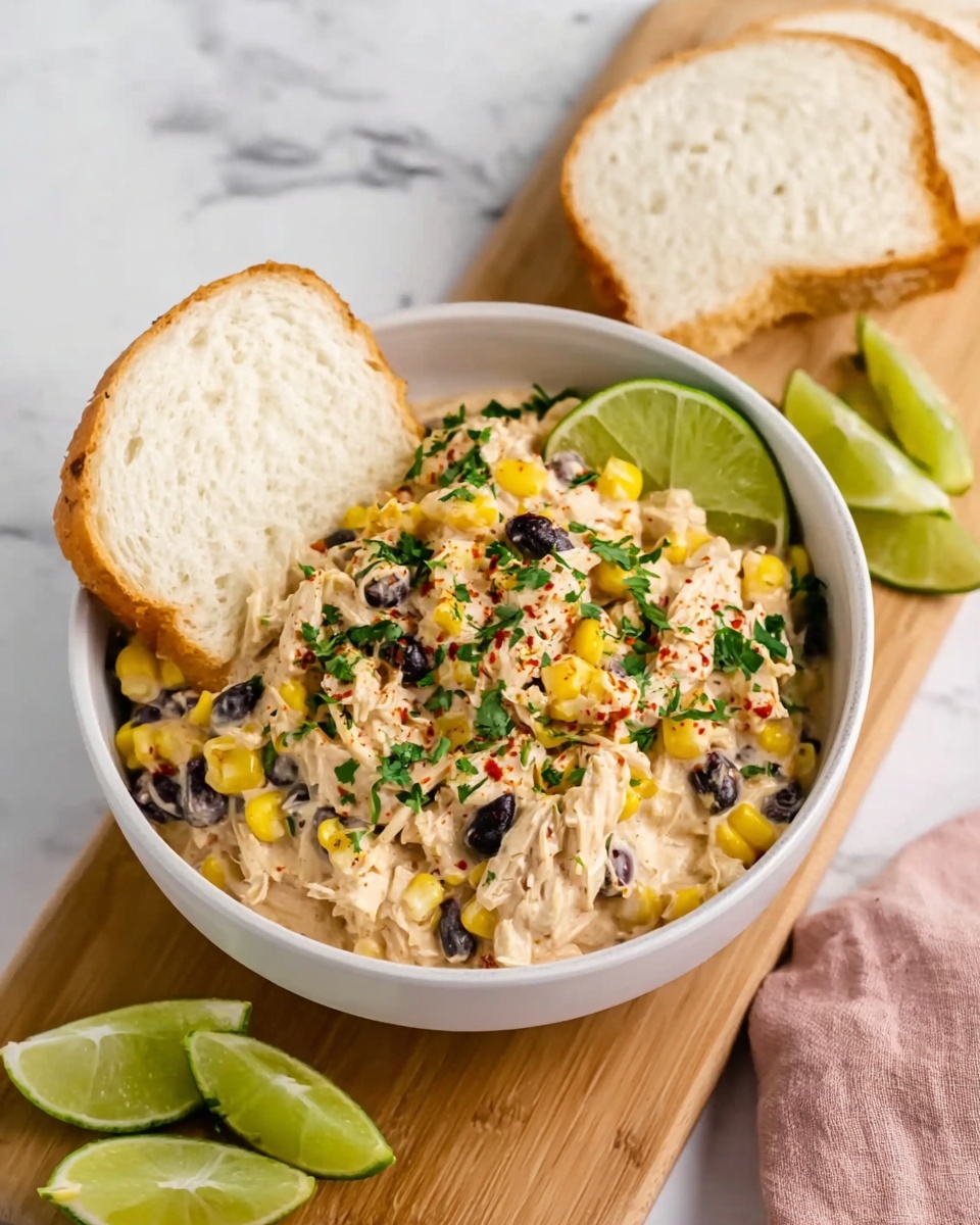 A white bowl filled with a creamy mixture of shredded light beige chicken, yellow corn kernels, and small black beans, topped with bright green chopped herbs and light red seasoning flakes. A wedge of fresh green lime is placed on the right edge of the bowl. A white slice of bread dipped in the creamy mixture rests on the left edge of the bowl. The bowl sits on a wooden board with two lime wedges and three white slices of bread behind it. The background is a white marbled texture with a soft pink cloth on the bottom right corner. Photo taken with an iphone --ar 4:5 --v 7