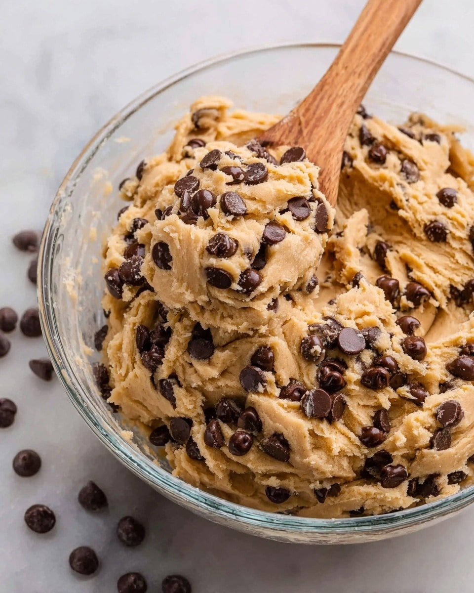 A clear glass bowl filled with cookie dough mixed with many dark brown chocolate chips all over. The dough is light brown and has a soft, thick texture, with some chocolate chips partly inside the dough. A wooden spoon is inside the bowl with cookie dough on it, showing the thick and creamy dough texture. The bowl is on a white marbled surface, and beside the bowl are some loose chocolate chips. photo taken with an iphone --ar 4:5 --v 7