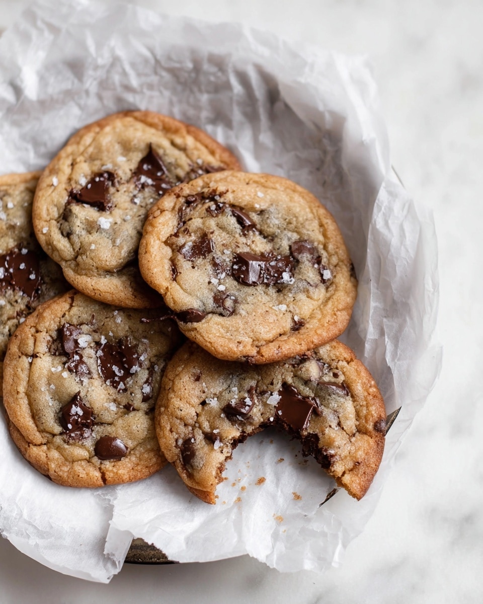 A white round plate lined with crinkled white parchment paper holds five chocolate chip cookies. The cookies are light brown with darker brown chocolate chips scattered on top. The cookie in the front has a bite taken from the right side, showing its soft inside with melted chocolate. The edges of the cookies are slightly darker and crispier, with a few flakes of sea salt visible on top. The background is a white marbled surface. photo taken with an iphone --ar 4:5 --v 7