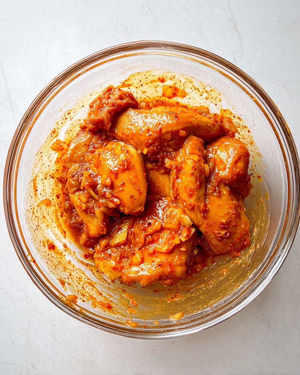 A clear glass bowl holds about seven pieces of raw chicken covered evenly in a thick, bright orange marinade mixed with visible chunks of onions and spices. The marinade is smeared along the inside of the bowl, leaving streaks of deep orange and red. The chicken pieces are plump and glossy with the sauce, varying slightly in shape and size, and resting in the center of the bowl. The bowl is placed on a white marbled surface, bright and clean, enhancing the vibrant color of the marinade. photo taken with an iphone --ar 4:5 --v 7
