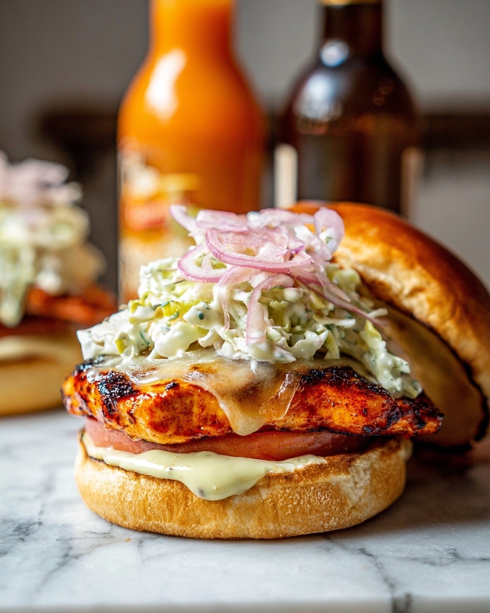 A sandwich with four main layers sits on a white marbled surface with a toasted top bun leaning in the foreground. The sandwich base is a golden brown bun, topped with a layer of creamy pale yellow sauce and a slice of fresh red tomato. Above this, a thick, grilled piece of meat with a charred orange-brown color is topped with melted white cheese that is slightly dripping on one side. On top of the cheese is a heap of creamy coleslaw with shredded pale green cabbage and thin slices of pinkish-purple onion, giving it a textured and colorful look. The background is softly blurred with two bottles, one orange and one dark brown, adding depth to the image. photo taken with an iphone --ar 4:5 --v 7