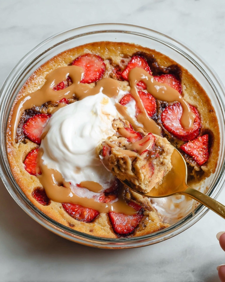 A round glass bowl on a white marbled surface holds a single-layer baked dessert with a golden-brown base and scattered bright red strawberry slices embedded on top. Drizzled over the dessert is a smooth caramel or peanut butter sauce in irregular lines. A dollop of white cream sits on one side, partially covering the dessert, while a woman's hand with a gold spoon is lifting a spoonful showing a soft, moist texture inside with visible pieces of strawberry. The edges of the dessert have a slightly darker, caramelized look. photo taken with an iphone --ar 4:5 --v 7