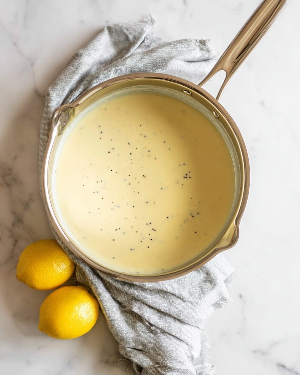 A shiny silver pot filled with a smooth, creamy pale yellow sauce with small black specks floating on the top layer, sitting on a white marbled surface. The pot handle is wrapped with a soft light grey cloth that extends out on the surface. Two bright yellow lemons rest nearby on the white marbled background, adding a pop of color to the scene. The lighting is soft and bright, giving the sauce a fresh and inviting look. photo taken with an iphone --ar 4:5 --v 7