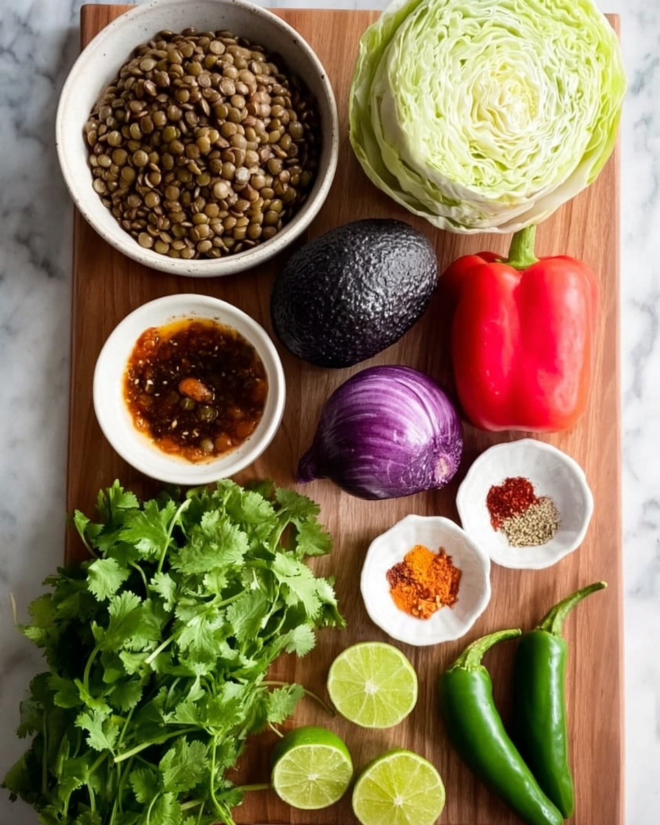 A white bowl filled with cooked lentils sits on the top left of a wooden board. Next to it, on the top right, is half a light green cabbage. Below the bowl are two whole black avocados and a red bell pepper placed side by side. To the right of the pepper is a half purple onion. Below the avocados is a small white dish containing a dark brown sauce with a reddish tint. Next to it on the right is another small white dish with red and yellow spices in three small piles. Below these dishes are four lime halves, two bright green and two light green. On the bottom right edge are two green chilies. The bottom left corner of the board is covered with fresh green cilantro with stems showing. The whole setting is on a white marbled surface. Photo taken with an iphone --ar 4:5 --v 7