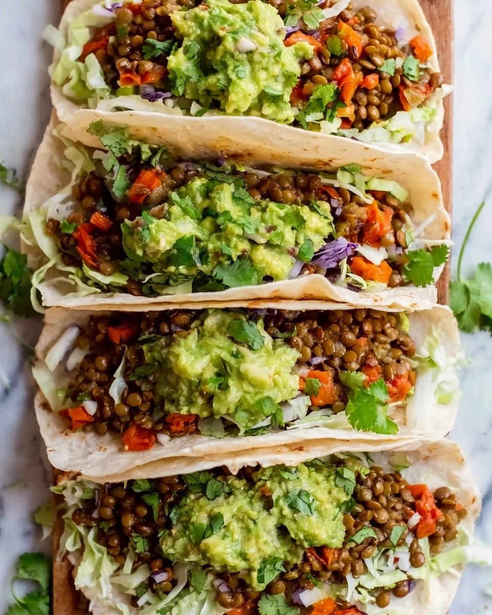 Three soft white tortillas are laid out on a white marbled surface in a vertical row. Each tortilla holds several layers: the bottom layer is a bed of cooked brown lentils mixed with small pieces of orange-red roasted vegetables, topped with a light layer of shredded white cabbage or lettuce. On top of that, a chunky green guacamole with visible pieces of avocado and small bits of red onion is placed, garnished with fresh cilantro leaves scattered around. The textures range from soft and smooth in the guacamole to slightly crunchy in the cabbage, with a mix of earthy and fresh colors. Photo taken with an iphone --ar 4:5 --v 7