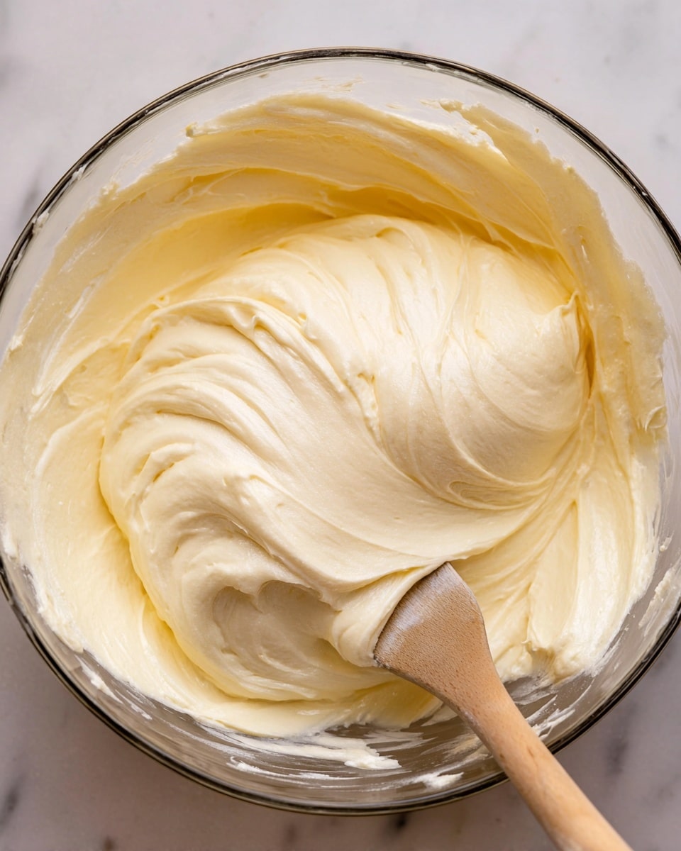 The image shows a close-up of a glass bowl filled with smooth, creamy, pale yellow batter or frosting. The mixture has a thick and fluffy texture, with soft folds and swirls visible around the edges and center. A wooden spatula is seen partially buried in the batter, coated with the creamy layer, and positioned at the bottom part of the bowl. The bowl sits on a white marbled surface, creating a clean and bright setting. The batter looks rich and soft, ready to be used in baking or decorating. photo taken with an iphone --ar 4:5 --v 7