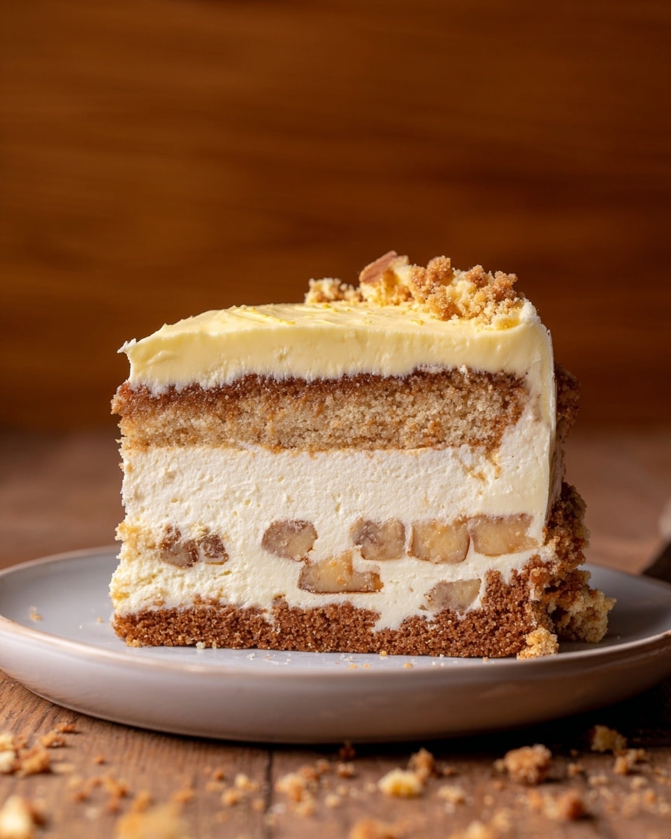 A slice of cake on a white plate shows four layers: the bottom layer is a crumbly brown crust, above it is a white cream layer with visible light brown pieces, the third layer is a thick light beige cream with a smooth texture, and the top layer is a pale yellow creamy frosting sprinkled with small crumbs. The plate sits on a wooden surface with crumbs scattered around, and the background is a simple warm brown. photo taken with an iphone --ar 4:5 --v 7