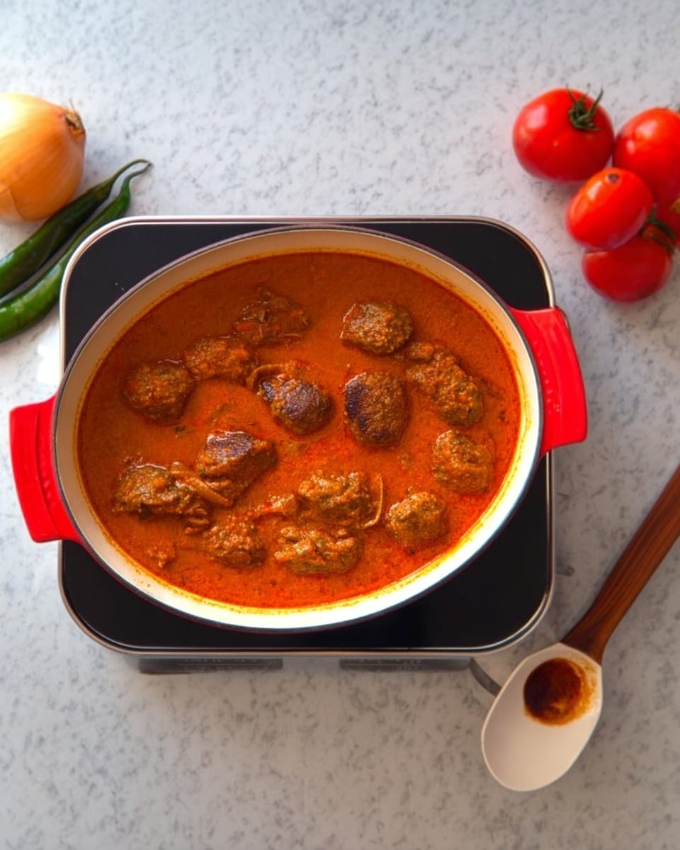 A white oval pot with red handles is filled with an orange-red thick sauce and several brown round and oval meat pieces floating on top. The pot sits on a black and silver electric cooker placed on a white marbled surface. To the left, there is a single yellow onion and a green chili, while on the right side, three red tomatoes rest next to a shiny white spoon holder holding a wooden spoon stained with dark sauce. Photo taken with an iphone --ar 4:5 --v 7