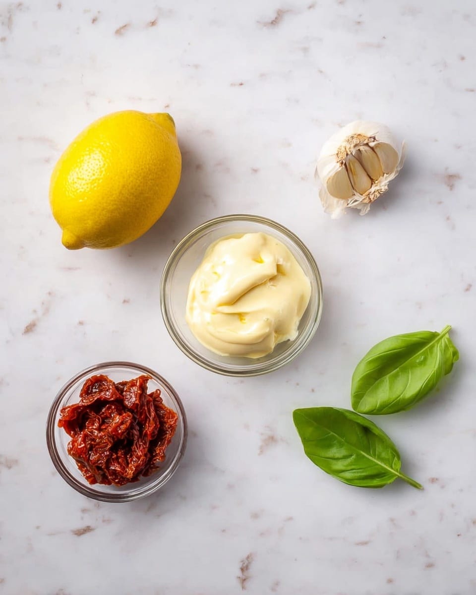 The image shows five food items arranged on a white marbled surface: a whole bright yellow lemon sits in the top left, a small garlic clove with white and light brown tones is near the center top, a small clear bowl filled with creamy pale yellow mayonnaise is in the bottom left, a small clear bowl containing chunky red sun-dried tomatoes with some oil is in the top right, and two fresh, smooth green basil leaves are placed in the bottom right. photo taken with an iphone --ar 4:5 --v 7